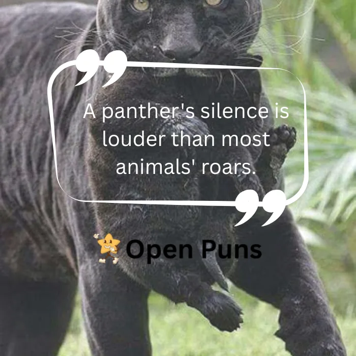 A fierce black panther showing its teeth and roaring, with the text "PANTHER PUNS MAKE YOU ROAR & LAUGHTER" displayed at the bottom