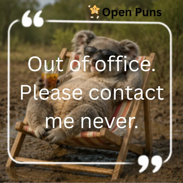 A meme showing a koala wearing sunglasses, relaxing on a striped beach lawn chair in a muddy area, holding a glass with a straw. The overlaid white text reads, "Out of office. Please contact me never."