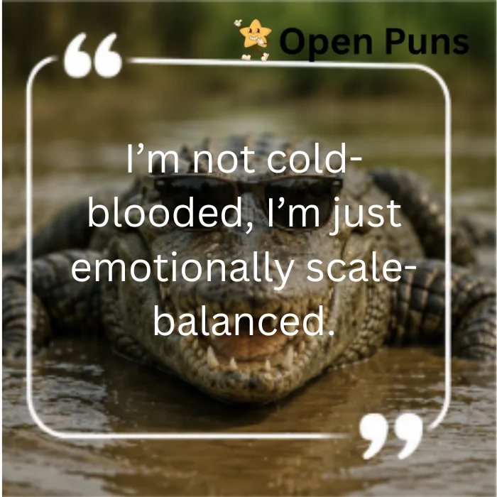 A meme featuring a bearded dragon lizard relaxing on a miniature wooden lounge chair at the beach. The lizard is wearing a straw sun hat and sunglasses, holding a small glass of orange tropical drink with an umbrella and straw. White quote marks enclose the text overlay: "Slither first, explain later." The Open Puns logo is at the top.