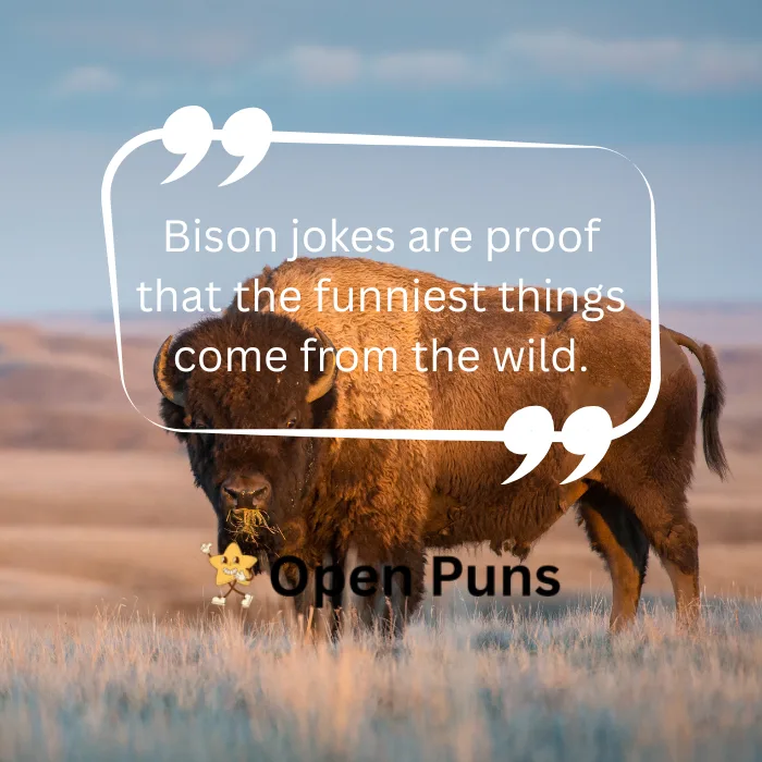 A large American bison standing amidst wild yellowish field flowers, looking directly toward the camera. A white text overlay reads, "Stay wild, roam free, and let the bison humor do the talking,