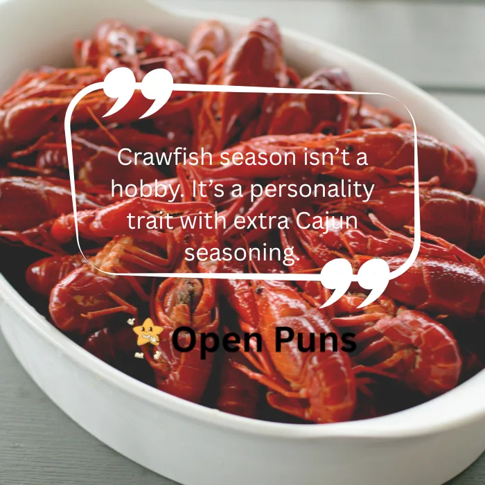 A white ceramic dish piled high with bright red, freshly boiled crawfish, featuring a quote overlay that says, "Crawfish season isn’t a hobby. It’s a personality trait with extra Cajun seasoning."