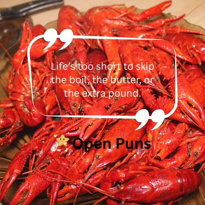 A close-up, top-down view of a large platter filled with vibrant red, steaming cooked crawfish, with a text overlay reading, "Life’s too short to skip the boil, the butter, or the extra pound."