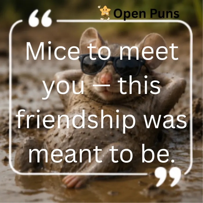 A humorous image of a muddy mouse wearing dark sunglasses, relaxing on its back in a mud puddle with its paws behind its head. Graphic quote text states: "Mice to meet you — this friendship was meant to be."