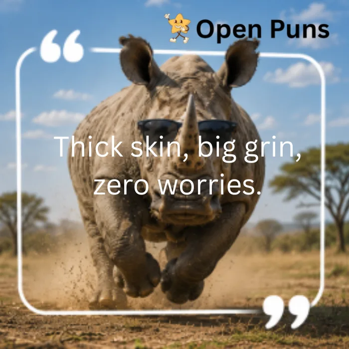 A dramatic, AI-generated image of a massive rhino wearing black sunglasses, aggressively charging forward through a dusty African savanna landscape. White quote marks frame the center text, which reads: "Thick skin, big grin, zero worries."