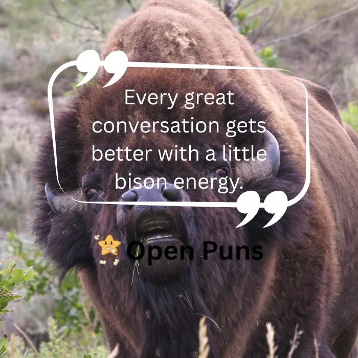 A tight, front-facing close-up of a bison with its mouth slightly open as if talking or chewing. A white quotation box overlays the image with the text, "Every great conversation gets better with a little bison energy,