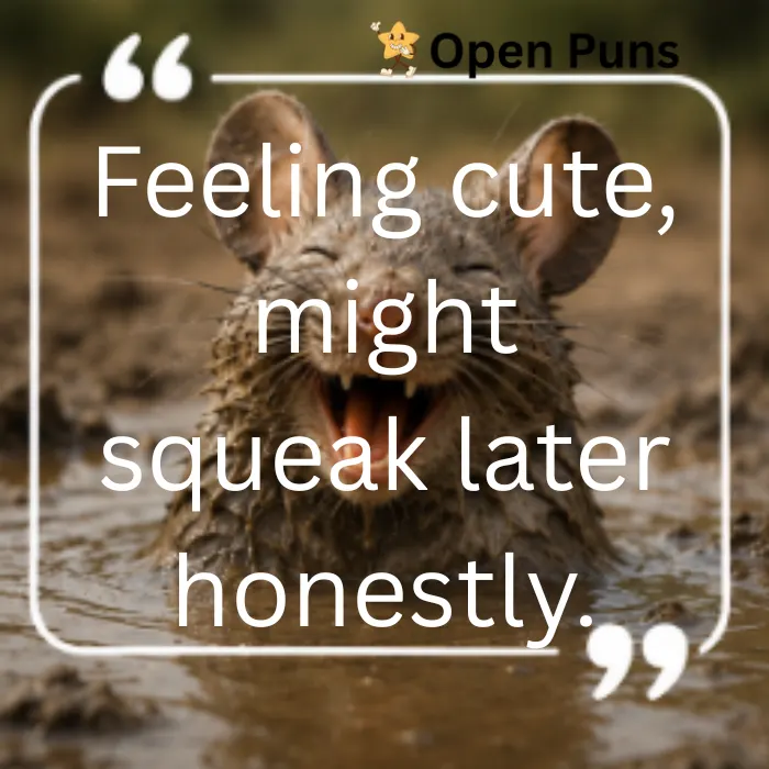 A close-up image of a happy, mud-covered mouse wide-eyed and laughing in a puddle. Overlay text inside a white quotation frame reads: "Feeling cute, might squeak later honestly."