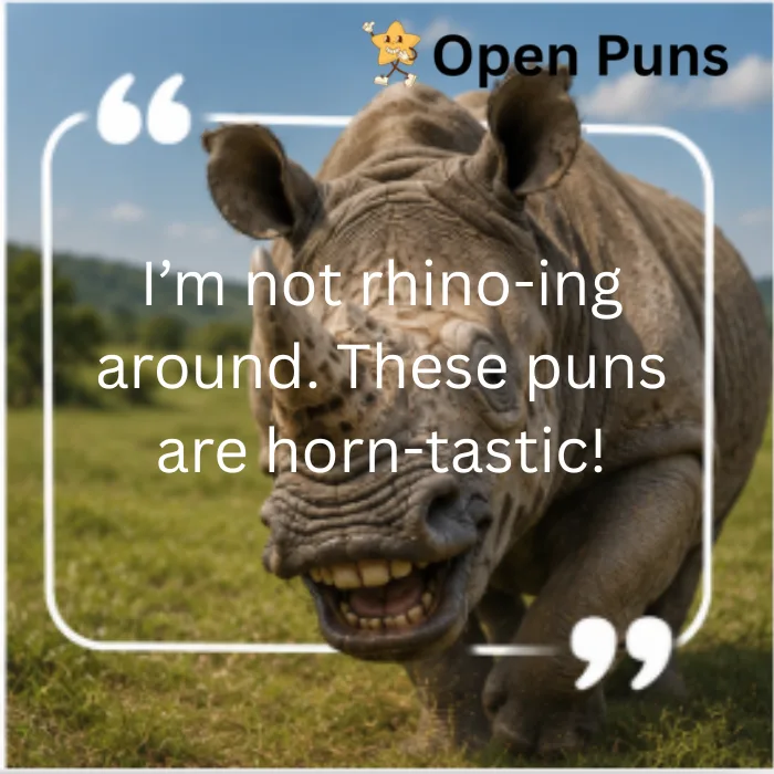 A close-up shot of an AI-generated rhino looking directly into the camera with a wide, toothy human-like grin. The image features a white quote-box frame overlaid with the text: "I'm not rhino-ing around. These puns are horn-tastic!"