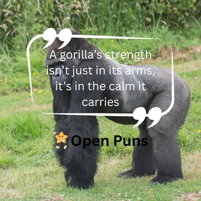 A powerful silverback gorilla standing on all fours on a grassy lawn. Overlaid on the image is a quote box that reads, "A gorilla’s strength isn’t just in its arms; it’s in the calm it carries," featuring the Open Puns logo.