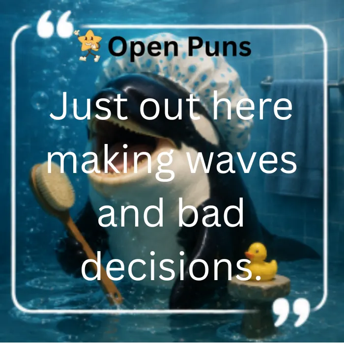 An humorous illustration of an orca underwater wearing a polka-dot shower cap, holding a back scrubber brush next to a yellow rubber duck. Overlaid text reads, "Just out here making waves and bad decisions," surrounded