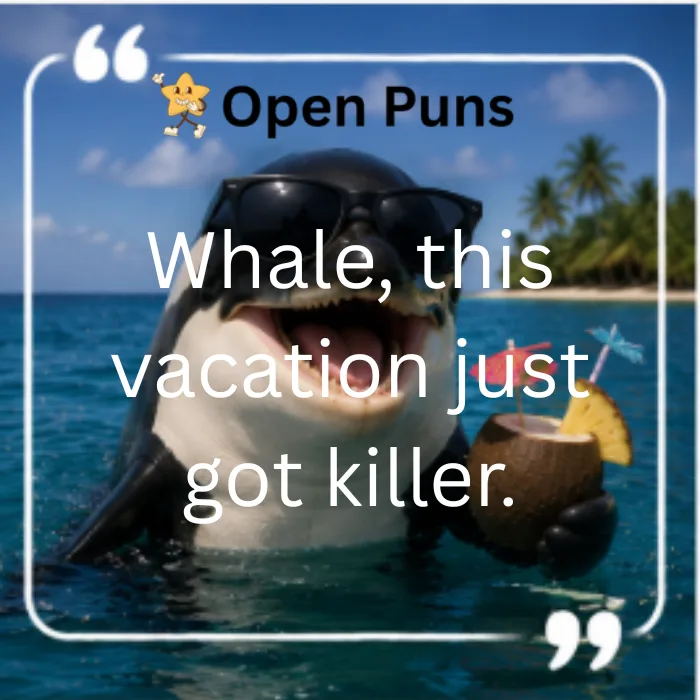 An illustration of a happy orca wearing sunglasses in tropical ocean water, holding a coconut cocktail with a tiny umbrella. Overlaid text reads, "Whale, this vacation just got killer,"