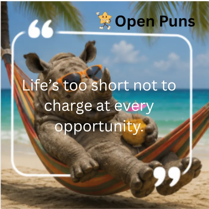 A humorous, AI-generated image of a rhino wearing orange sunglasses, relaxing on a colorful striped hammock between palm trees on a tropical beach while holding a coconut drink with a tiny umbrella. Overlaid text reads: "Life's too short not to charge at every opportunity."