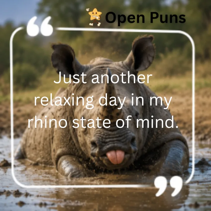 An AI-generated image of a rhino lounging comfortably inside a muddy wallow, playfully sticking its pink tongue out at the camera. The image is framed by a white quote graphic containing the text: "Just another relaxing day in my rhino state of mind."