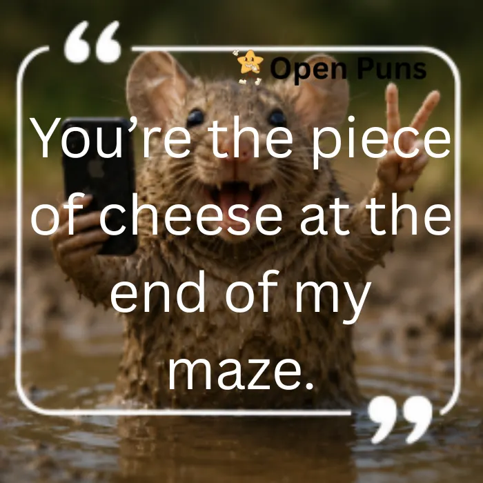 A joyful, muddy mouse holding a smartphone in one paw and making a peace sign with the other while standing in shallow water. White quote overlay text reads: "You’re the piece of cheese at the end of my maze.