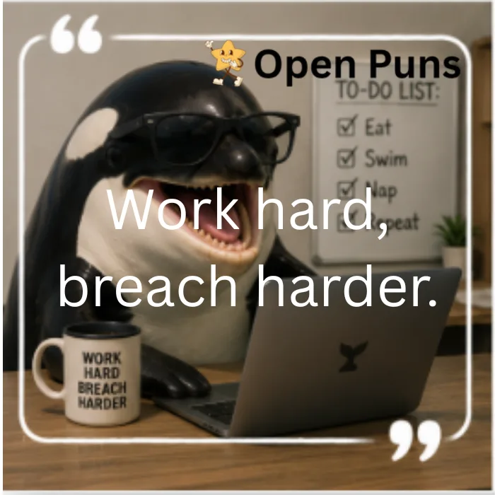 An scene of an orca wearing sunglasses sitting at an office desk using a laptop. In the background, a whiteboard shows a "To-Do List" with checkmarks for Eat, Swim, and Nap. A coffee mug on the desk reads "WORK HARD BREACH HARDER"