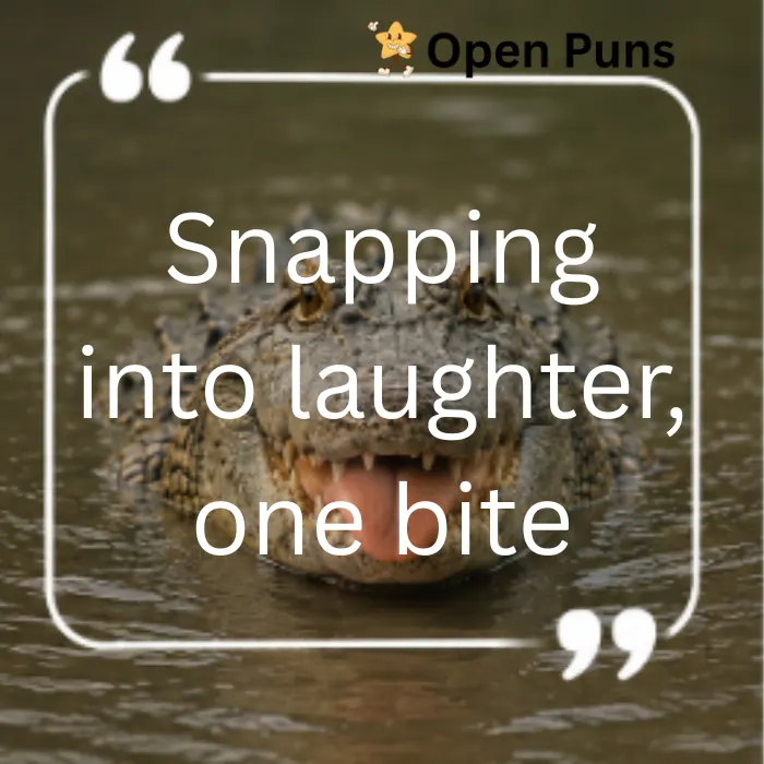 An alligator in the water with a stack of chocolate chip cookies balanced on its head, enclosed in a white quote frame. Text reads: "Keeping it snappy since forever." Includes the Open Puns logo.