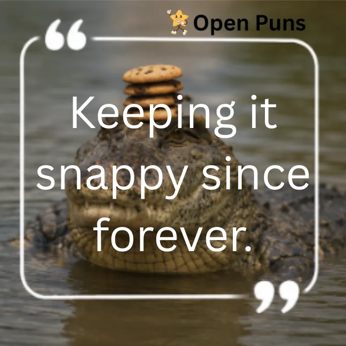 A smiling alligator in muddy water sticking its tongue out with wide eyes, showcased inside a white quote frame. Text reads: "Snapping into laughter, one bite." Includes the Open Puns logo.