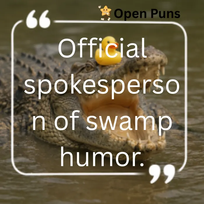 A close-up of an alligator with its jaws open, wearing pink heart-shaped sunglasses, framed by a white quote graphic. Text reads: "Too jaw-some to stay serious." Includes the Open Puns logo.