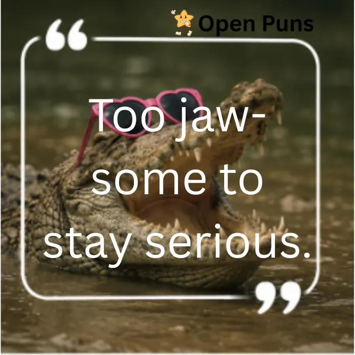 An alligator with its mouth open wide in the water, balancing a small yellow rubber duck on its head inside a white quote border. Text reads: "Official spokesperson of swamp humor." Includes the Open Puns logo.