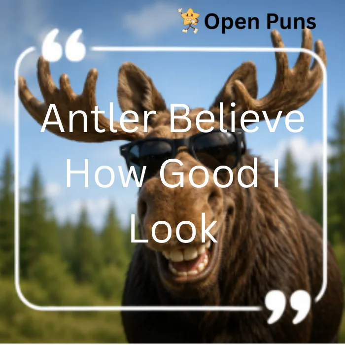 A humorous image of a smiling moose wearing black sunglasses in a forest, featuring the quote "Antler Believe How Good I Look".