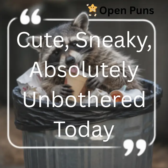 A sneaky raccoon happily rummaging inside a black trash bag within a metal garbage can while eating, accompanied by the text quote "Cute, Sneaky, Absolutely Unbothered Today".