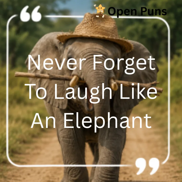 An elephant walking down a dirt path wearing a brown straw hat and carrying a stick in its mouth, featuring the quote text: "Never Forget To Laugh Like An Elephant