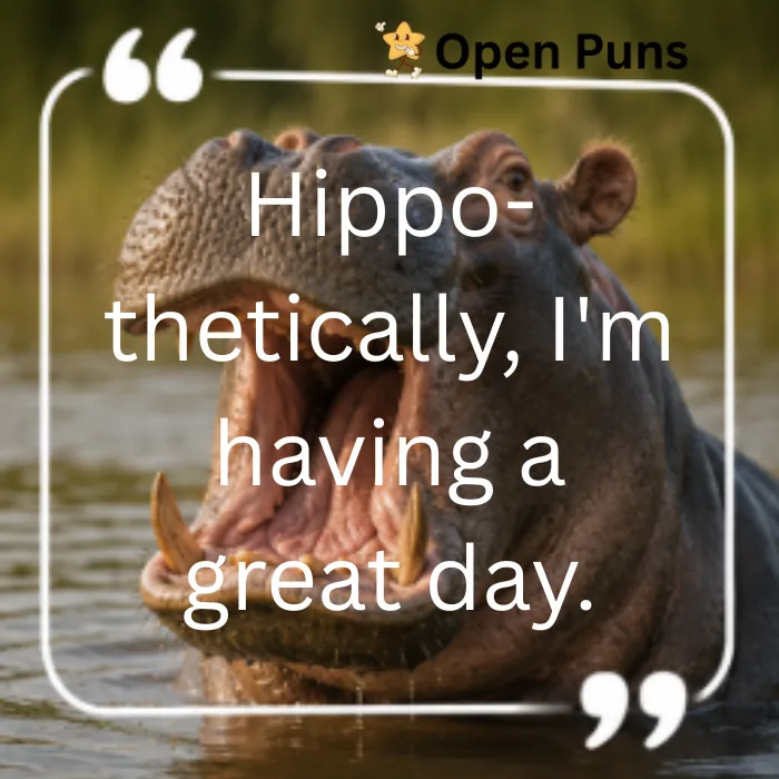 An animal quote graphic featuring a hippopotamus in a river opening its massive jaw wide. The text overlay reads, "Hippo-thetically, I'm having a great day." enclosed in a white quotation box frame