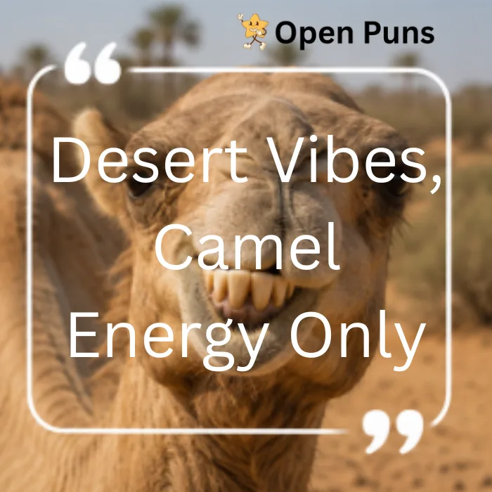 A humorous photo of a camel wearing dark sunglasses with its mouth wide open in the desert, overlaid with the text, 'Extra Hump, Extra Awesome Today'