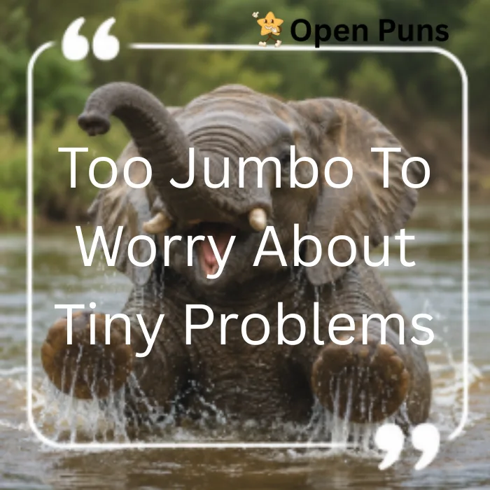 A happy elephant splashing in a river with its trunk raised up, featuring the inspirational quote text: "Too Jumbo To Worry About Tiny Problems"