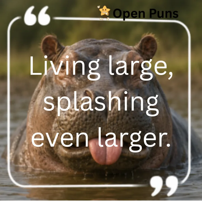 A funny quote graphic of a large hippopotamus in the water sticking its tongue straight out. The text overlay reads, "Living large, splashing even larger." inside a white quotation frame