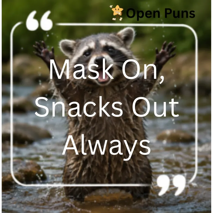 A joyful, wet raccoon standing up in a shallow river with its paws raised in the air, overlaid with text reading "Mask On, Snacks Out Always" inside a quote template.