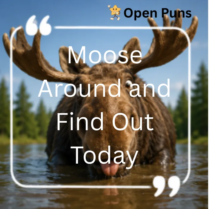 A funny meme featuring a close-up of a moose standing in water with its tongue sticking out, enclosed in a quote frame with the text "Moose Around and Find Out Today".