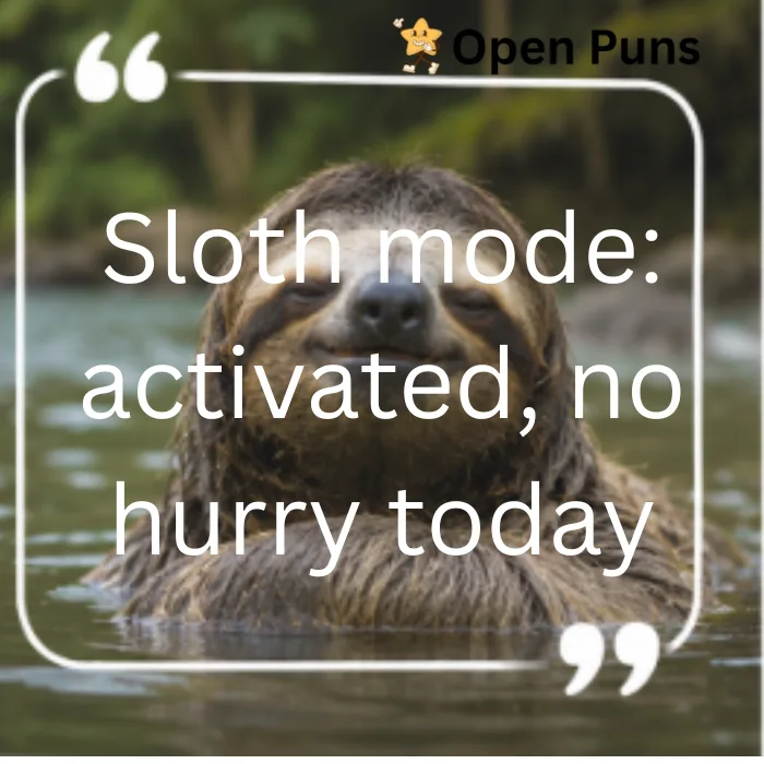 A peaceful sloth wading through calm water with a content facial expression, inside a quote box with text that reads "Sloth mode: activated, no hurry today".