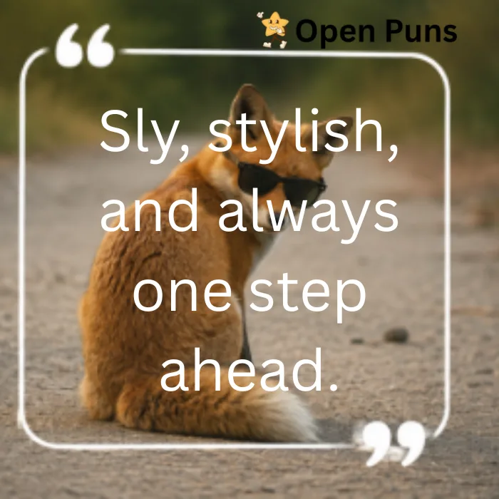 A cool red fox wearing black sunglasses sitting on a dirt path and looking back over its shoulder, featuring an Open Puns quote overlay stating 'Sly, stylish, and always one step ahead.'