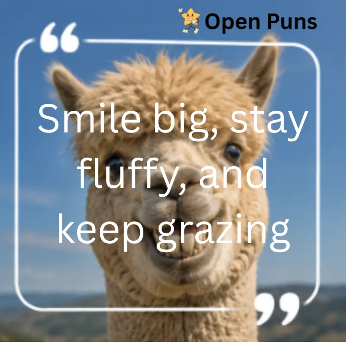 A headshot of an alpaca showing a big toothy grin against a clear blue sky. The text on the image reads "Smile big, stay fluffy, and keep grazing