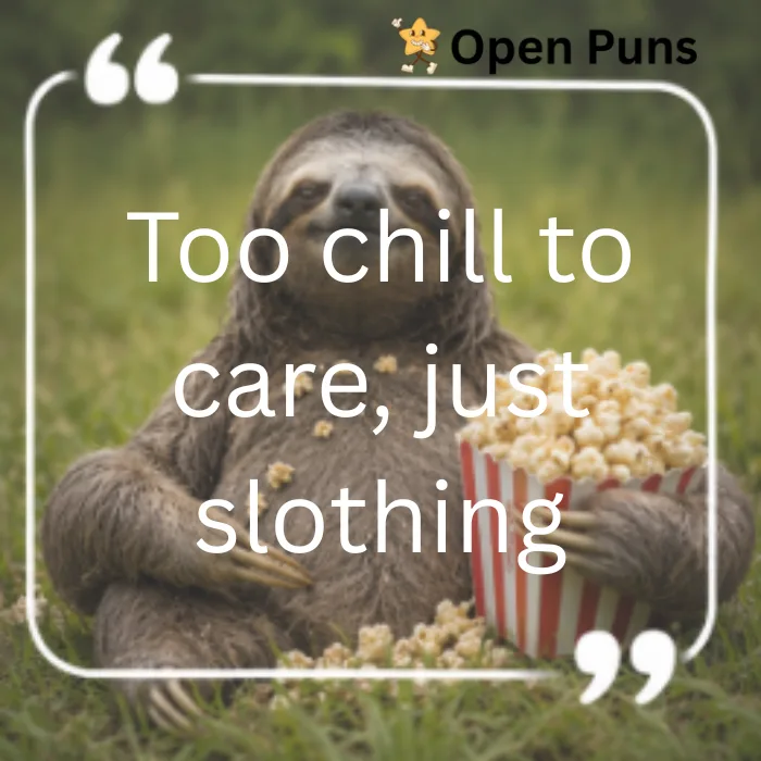 A funny meme of a furry sloth sitting in the grass next to a striped bucket of popcorn, with text that reads "Too chill to care, just slothing" inside a white quotation border.