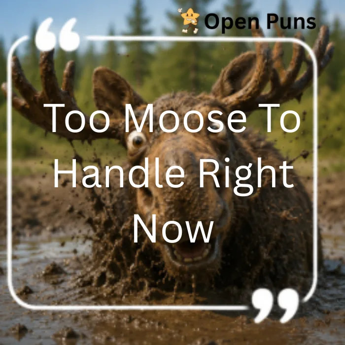 A wide-eyed, comical moose splashing around in a muddy swamp, with a text overlay that reads "Too Moose To Handle Right Now".