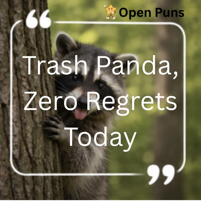A cute raccoon peeking out from behind a tree trunk with its tongue sticking out, framed by a quote graphic that reads "Trash Panda, Zero Regrets Today"