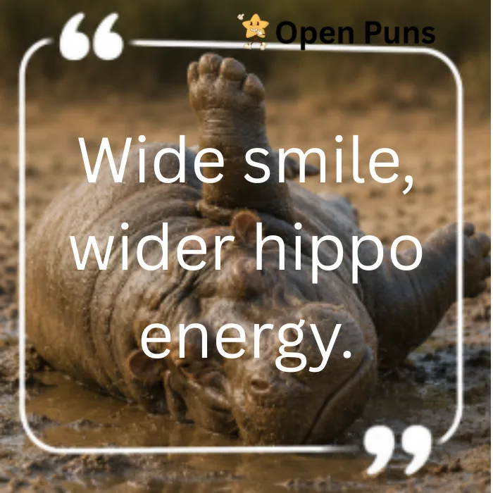 A quote graphic featuring a hippo rolling on its back in the mud with one leg raised up. The text overlay reads, "Wide smile, wider hippo energy." in a white border frame with quotation marks